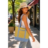 Straw Shopping Tote Bags - Paper Straw w/ Color Band Trim - Blue - BG-ST400BL